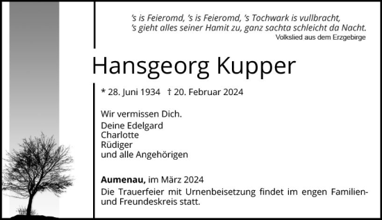 Traueranzeige von Hansgeorg Kupper von Weilburger Tageblatt
