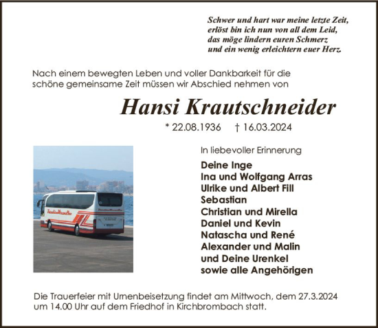 Traueranzeige von Hansi Krautschneider von Odenwälder Echo