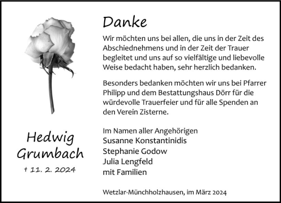 Traueranzeige von Hedwig Grumbach von Wetzlarer Neue Zeitung