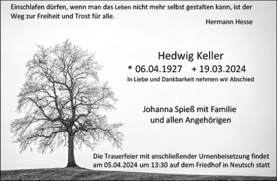 Traueranzeige von Hedwig Keller von Darmstädter Echo
