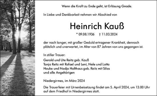 Traueranzeige von Heinrich Kauß von Wetzlarer Neue Zeitung