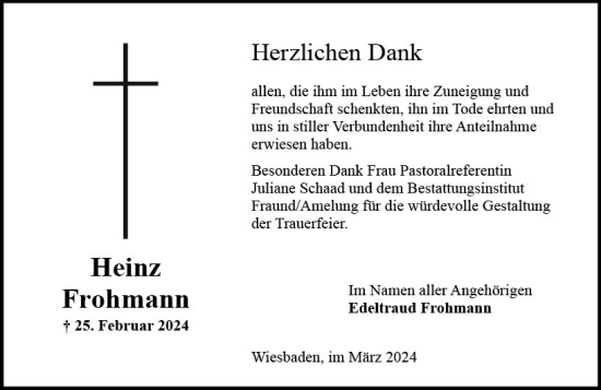 Traueranzeige von Heinz Frohmann von Wiesbadener Kurier