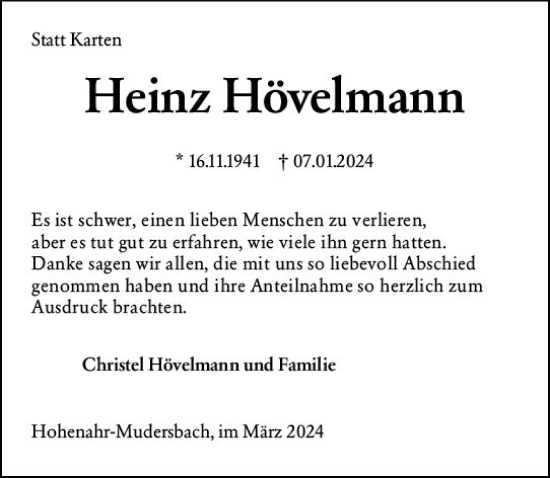 Traueranzeige von Heinz Hövelmann von Wetzlarer Neue Zeitung
