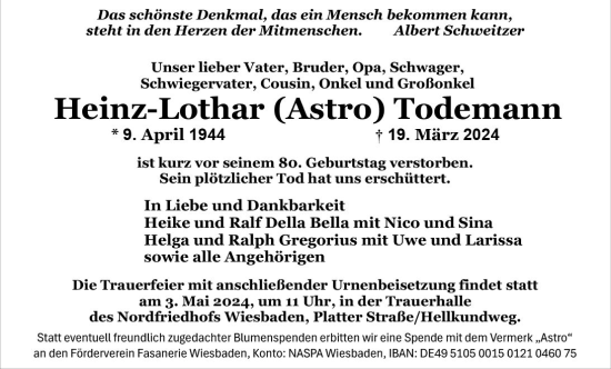 Traueranzeige von Heinz-Lothar Todemann von Wiesbadener Kurier