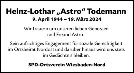 Traueranzeige von Heinz-Lothar Todemann von Wiesbadener Kurier