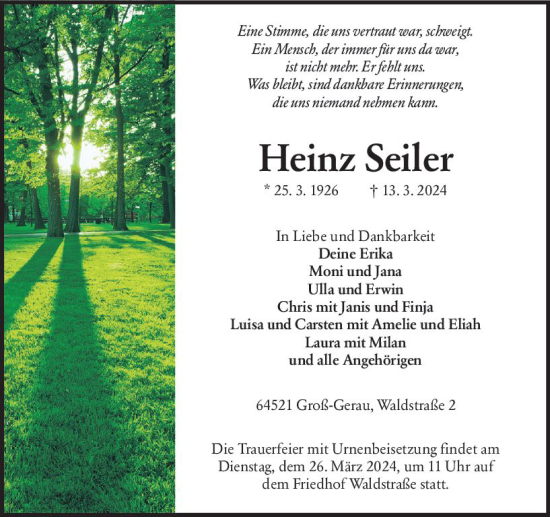 Traueranzeige von Heinz Seiler von Groß-Gerauer Echo