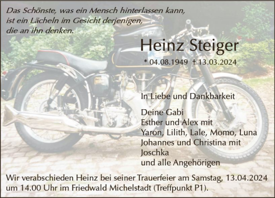 Traueranzeige von Heinz Steiger von Odenwälder Echo