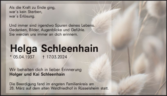 Traueranzeige von Helga Schleenhain von Rüsselsheimer Echo