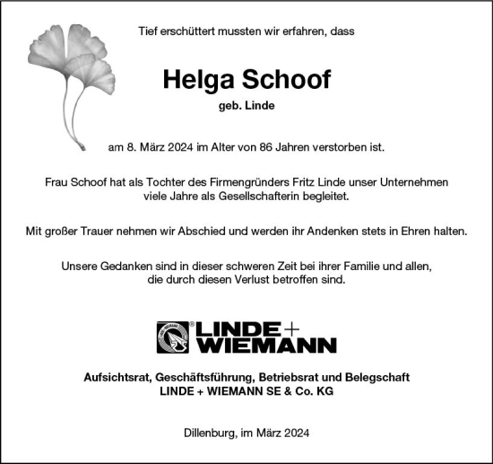 Traueranzeige von Helga Schoof von Dill Block