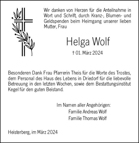 Traueranzeige von Helga Wolf von Dill Block