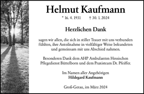 Traueranzeige von Helmut Kaufmann von Groß-Gerauer Echo