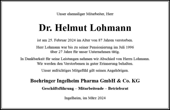 Traueranzeige von Helmut Lohmann von Allgemeine Zeitung Bingen/Ingelheim