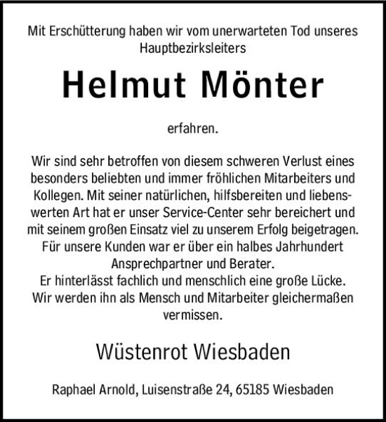 Traueranzeige von Helmut Mönter von Wiesbadener Kurier