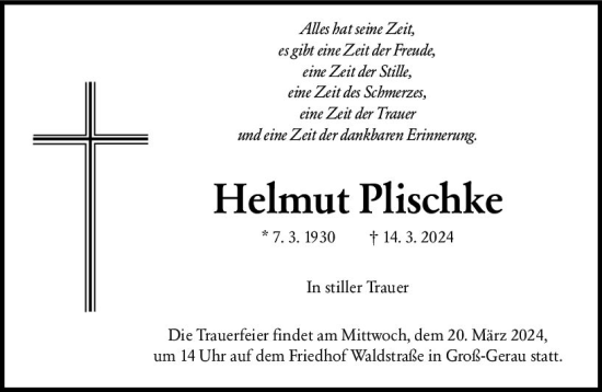 Traueranzeige von Helmut Plischke von Groß-Gerauer Echo