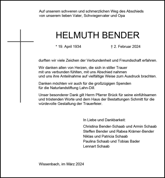 Traueranzeige von Helmuth Bender von Dill Block