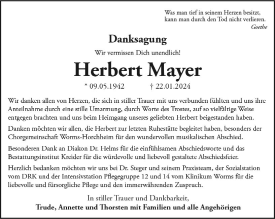 Traueranzeige von Herbert Mayer von Wormser Zeitung