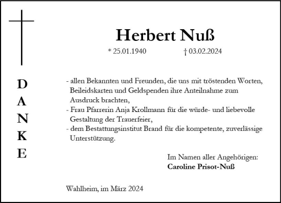 Traueranzeige von Herbert Nuß von Allgemeine Zeitung Alzey