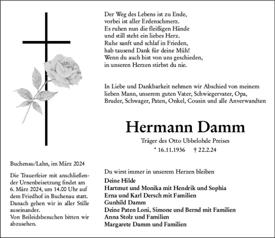 Traueranzeige von Hermann Damm von Hinterländer Anzeiger