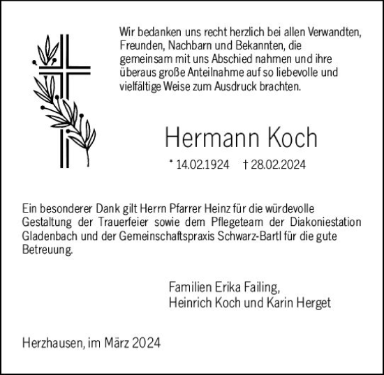 Traueranzeige von Hermann Koch von Hinterländer Anzeiger