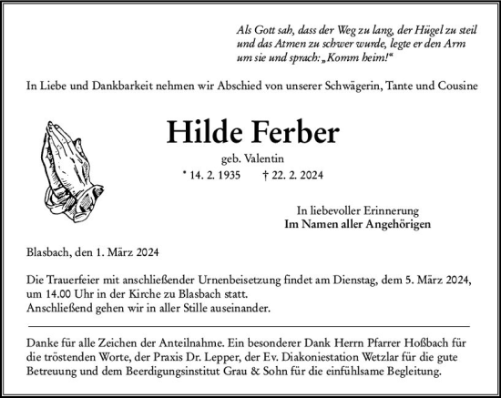Traueranzeige von Hilde Ferber von Wetzlarer Neue Zeitung