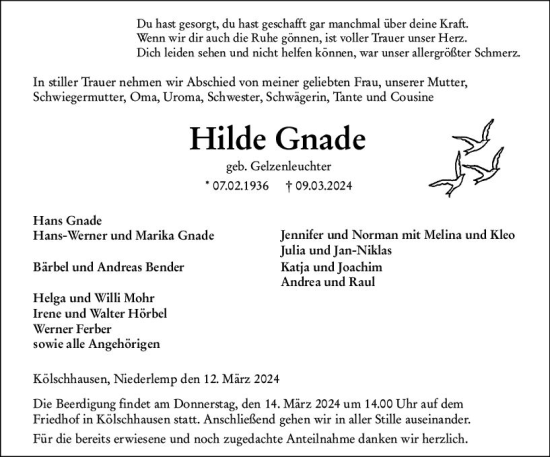 Traueranzeige von Hilde Gnade von Wetzlarer Neue Zeitung