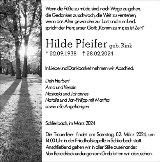 Traueranzeige von Hilde Pfeifer von Hinterländer Anzeiger