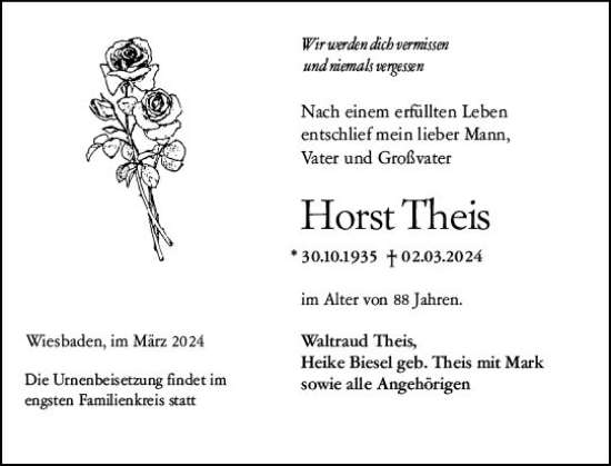 Traueranzeige von Horst Theis von Wiesbadener Kurier