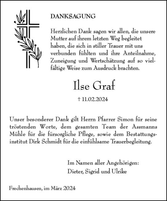 Traueranzeige von Ilse Graf von Hinterländer Anzeiger