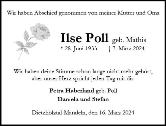 Traueranzeige von Ilse Poll von Dill Block