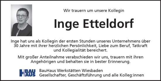 Traueranzeige von Inge Etteldorf von Wiesbadener Kurier