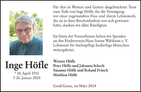 Traueranzeige von Inge Höfle von Groß-Gerauer Echo