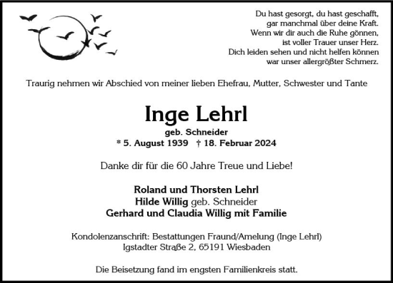 Traueranzeige von Inge Lehrl von Wiesbadener Kurier