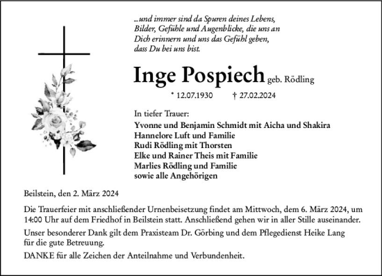 Traueranzeige von Inge Pospiech von Dill Block