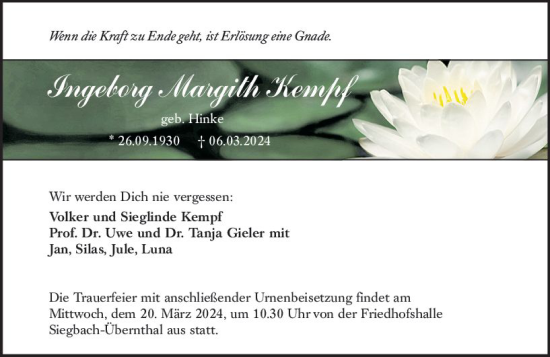 Traueranzeige von Ingeborg Kempf von Dill Block