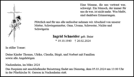Traueranzeige von Ingrid Schneider von Allgemeine Zeitung Mainz