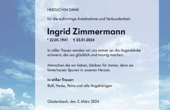 Traueranzeige von Ingrid Zimmermann von Hinterländer Anzeiger