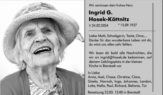 Traueranzeige von Ingrid G. Hosek-Köttnitz von Wiesbadener Kurier