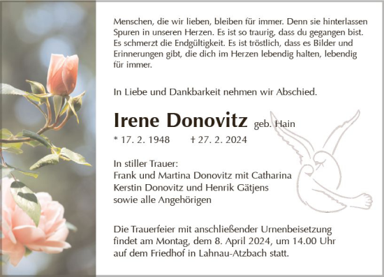 Traueranzeige von Irene Donovitz von Wetzlarer Neue Zeitung