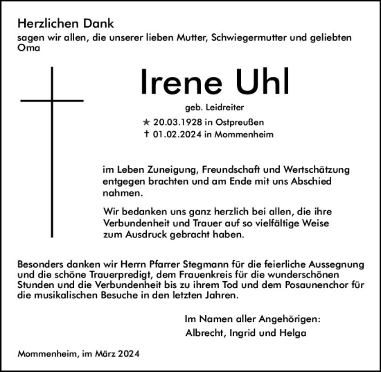 Traueranzeige von Irene Uhl von Allgemeine Zeitung Mainz