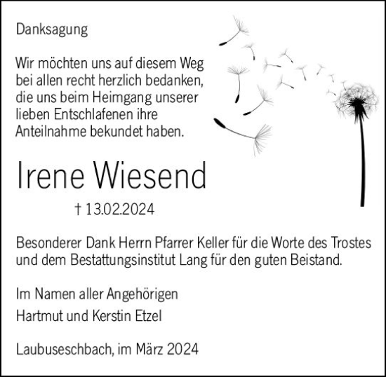 Traueranzeige von Irene Wiesend von Weilburger Tageblatt