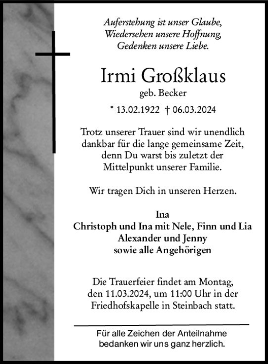 Traueranzeige von Irma Großklaus von Dill Block