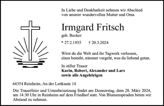Traueranzeige von Irmgard Fritsch von Darmstädter Echo
