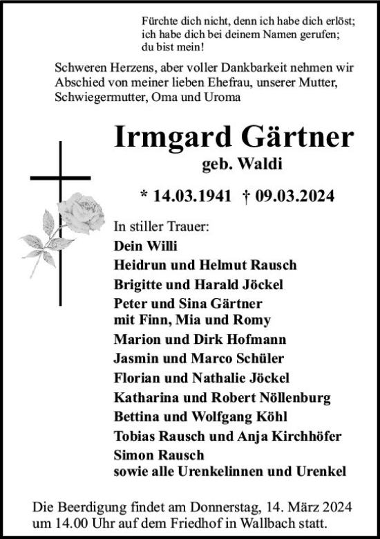 Traueranzeige von Irmgard Gärtner von Odenwälder Echo