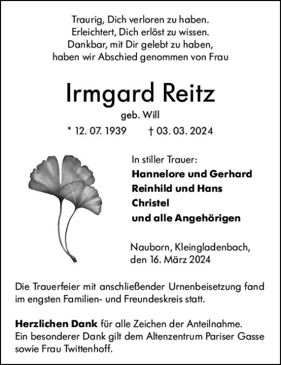 Traueranzeige von Irmgard Reitz von Hinterländer Anzeiger