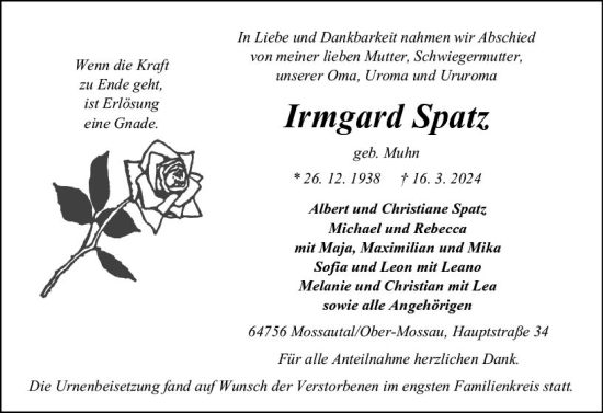 Traueranzeige von Irmgard Spatz von Odenwälder Echo