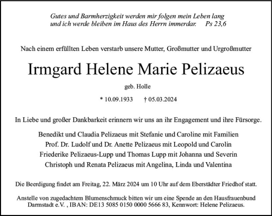 Traueranzeige von Irmgard Helene Marie Pelizaeus von Darmstädter Echo
