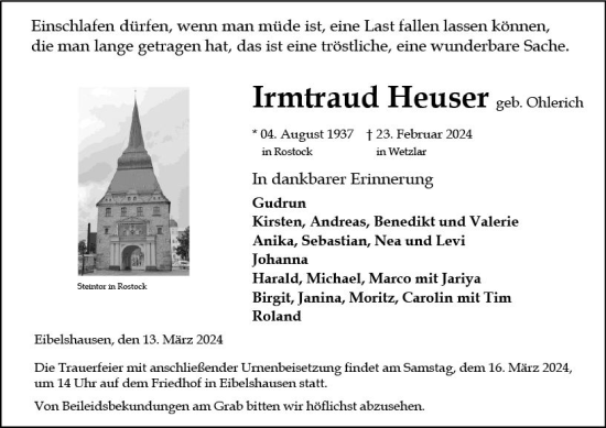 Traueranzeige von Irmtraud Heuser von Dill Block