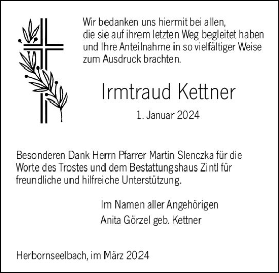 Traueranzeige von Irmtraud Kettner von Dill Block