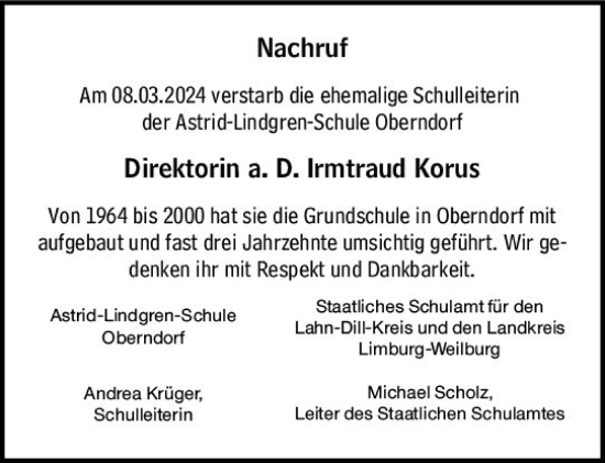 Traueranzeige von Irmtraud Korps von Wetzlarer Neue Zeitung