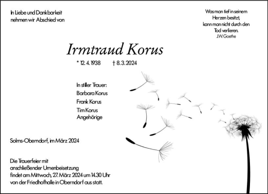 Traueranzeige von Irmtraud Korus von Wetzlarer Neue Zeitung